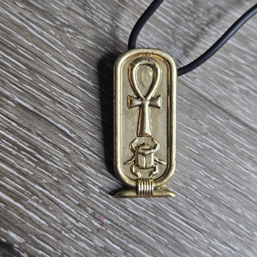 Egyptian Cartouche Pendant Necklace Gold Tone Ankh Scarab Black Rubber‎ Cord 29"